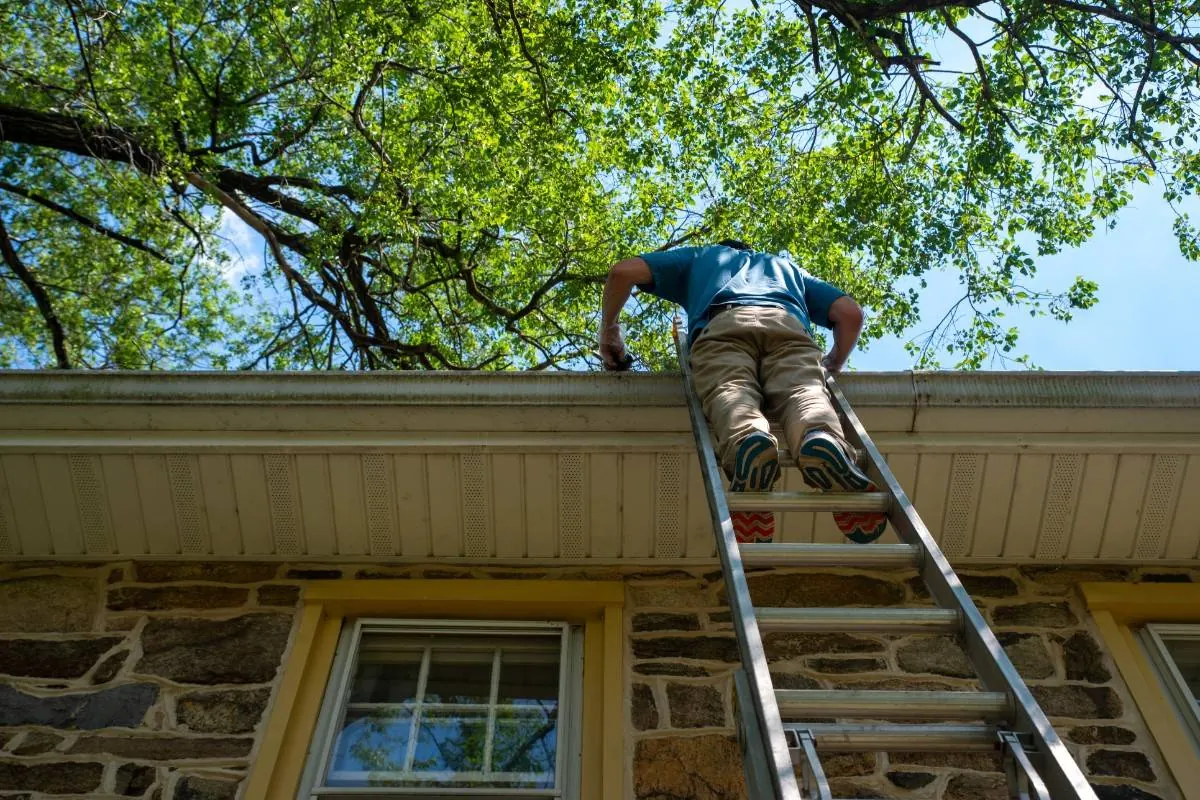 Mitarbeiter auf der Leiter reinigt eine Dachrinne an einem Natursteinhaus