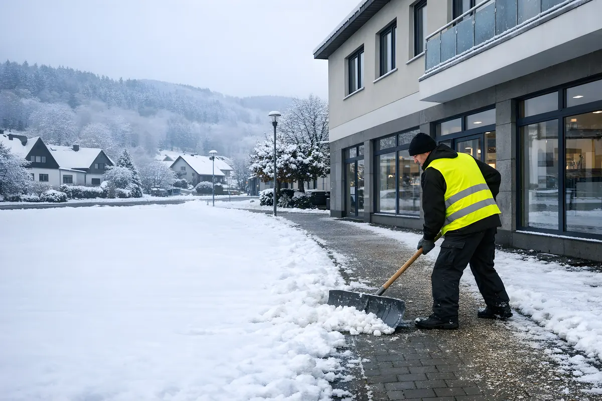 Symbolbild (KI-generiert): Mitarbeiter räumt am Wintermorgen den Gehweg vor einem Gewerbegebäude, dahinter verschneite Hügel