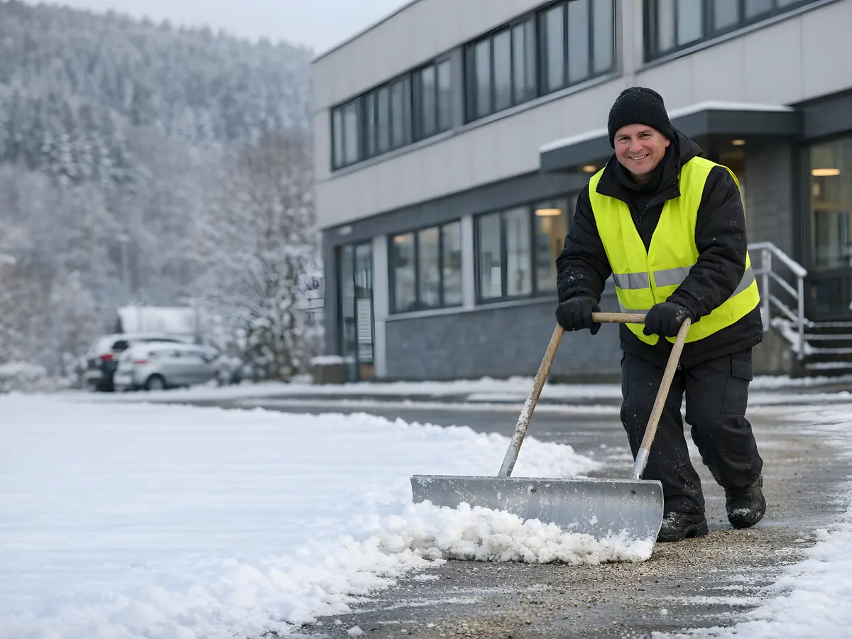 Symbolbild (KI-generiert): Mitarbeiter mit Schneeschieber räumt den Weg vor einem Bürogebäude