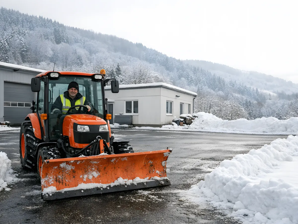 Symbolbild (KI-generiert): Kompakttraktor mit Räumschild hat die Zufahrt eines Betriebs geräumt
