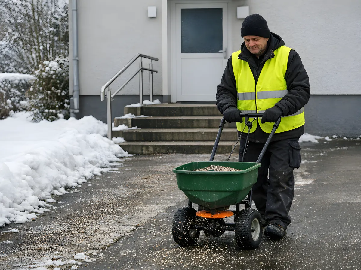 Symbolbild (KI-generiert): Mitarbeiter streut Splitt mit dem Streuwagen vor dem Eingang eines Mehrfamilienhauses